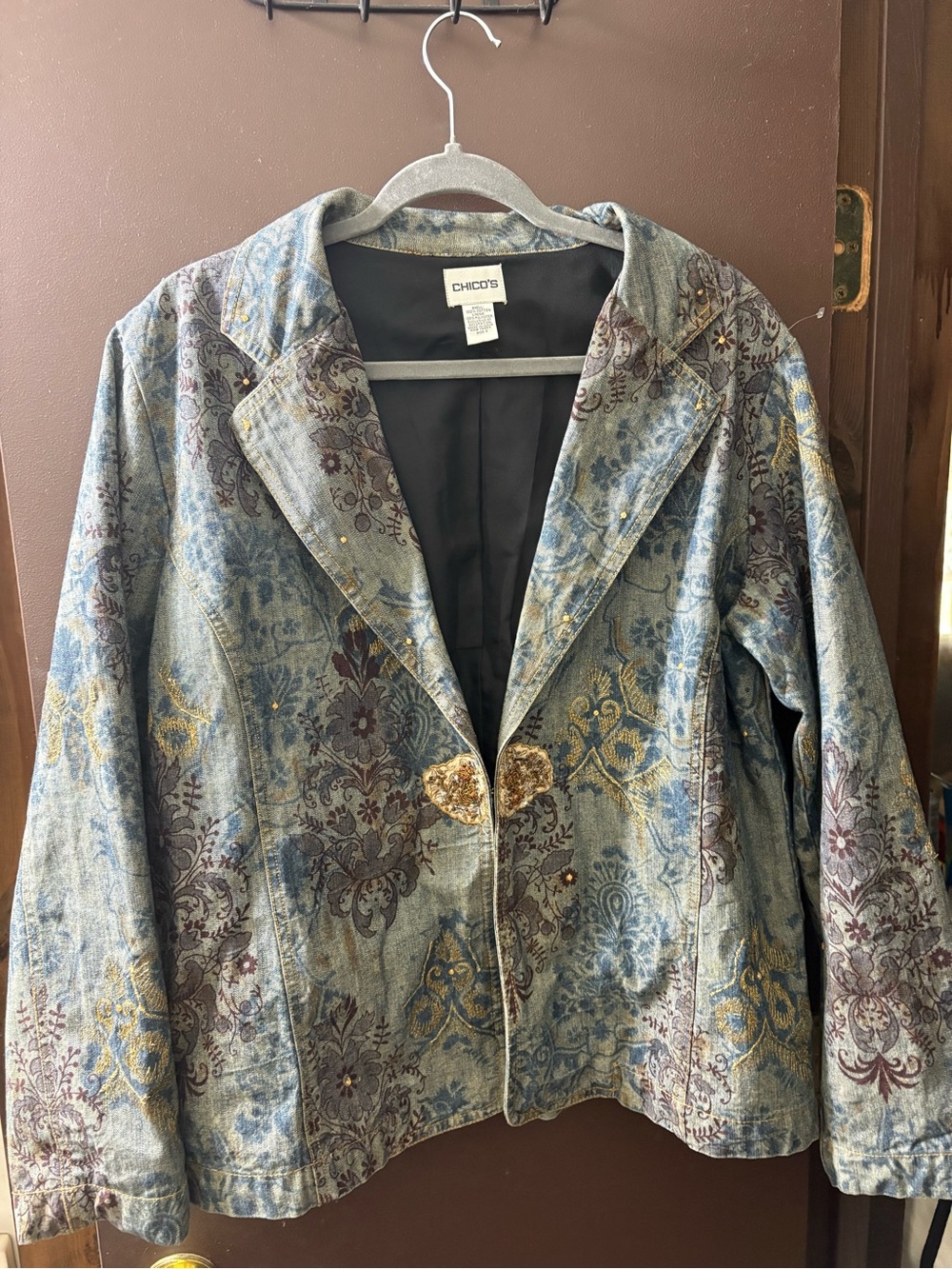 Chico's Blue Floral Brocade Blazer with Gold Accents